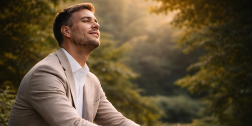 Man breathing calmly in nature, representing clarity and focus